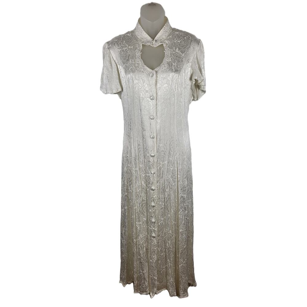 Vintage New Frontier Clothing Co USA Made Cut Out Floral Ivory Satin Dress 15